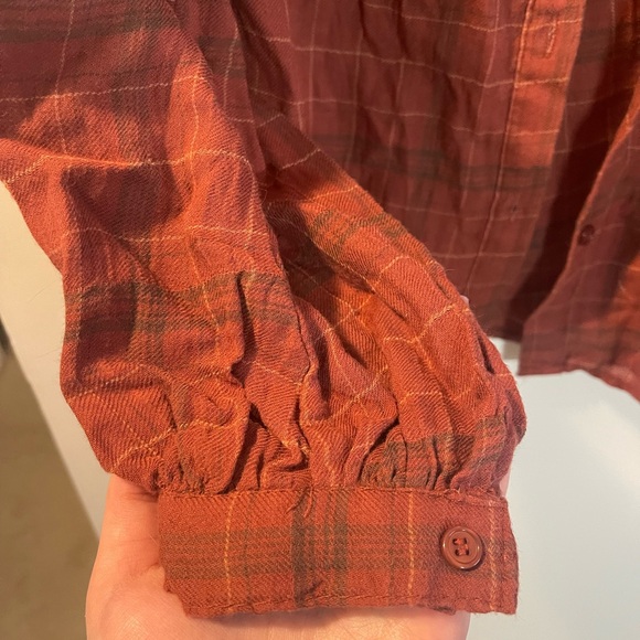 Max Studio Rust Plaid Ruffle Yoke Button-Up Blouse - Picture 5 of 16